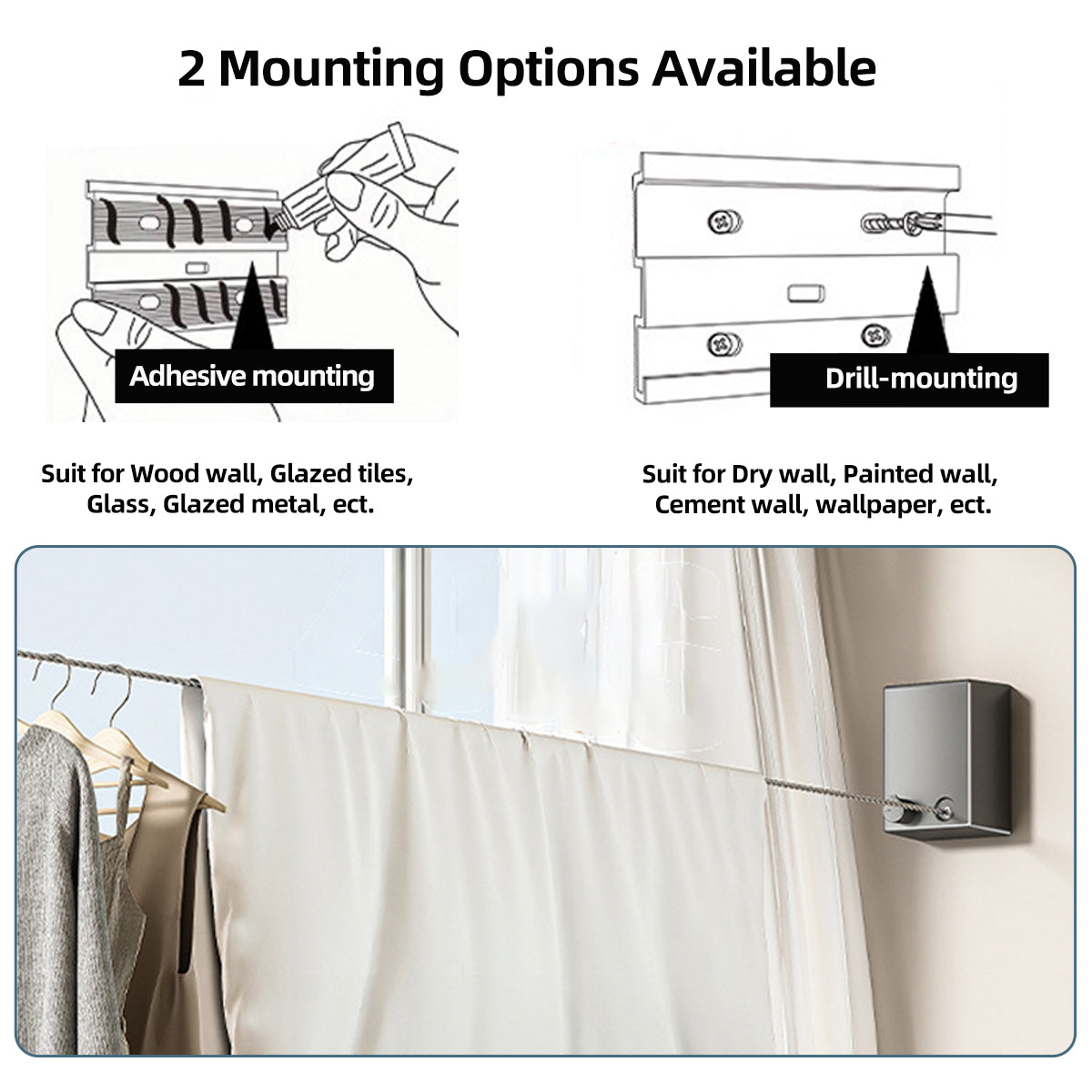Drill/No-Drill Dual Installation Retractable Single-Line Clothes Dry Line Suitable for Balconies, Courtyards, Laundry Rooms, RVs