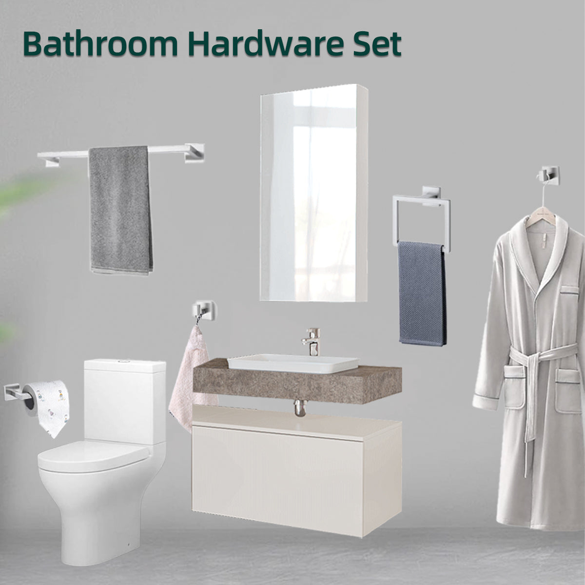 Bathroom Hardware Accessories Kit - Includes Towel Rack, Hooks & Shelf