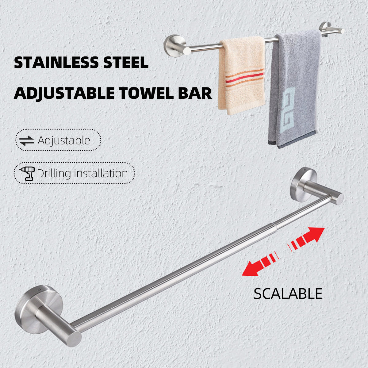 Stainless steel extendable towel rack, kitchen and bathroom towel bar, adjustable perforated wall mounted